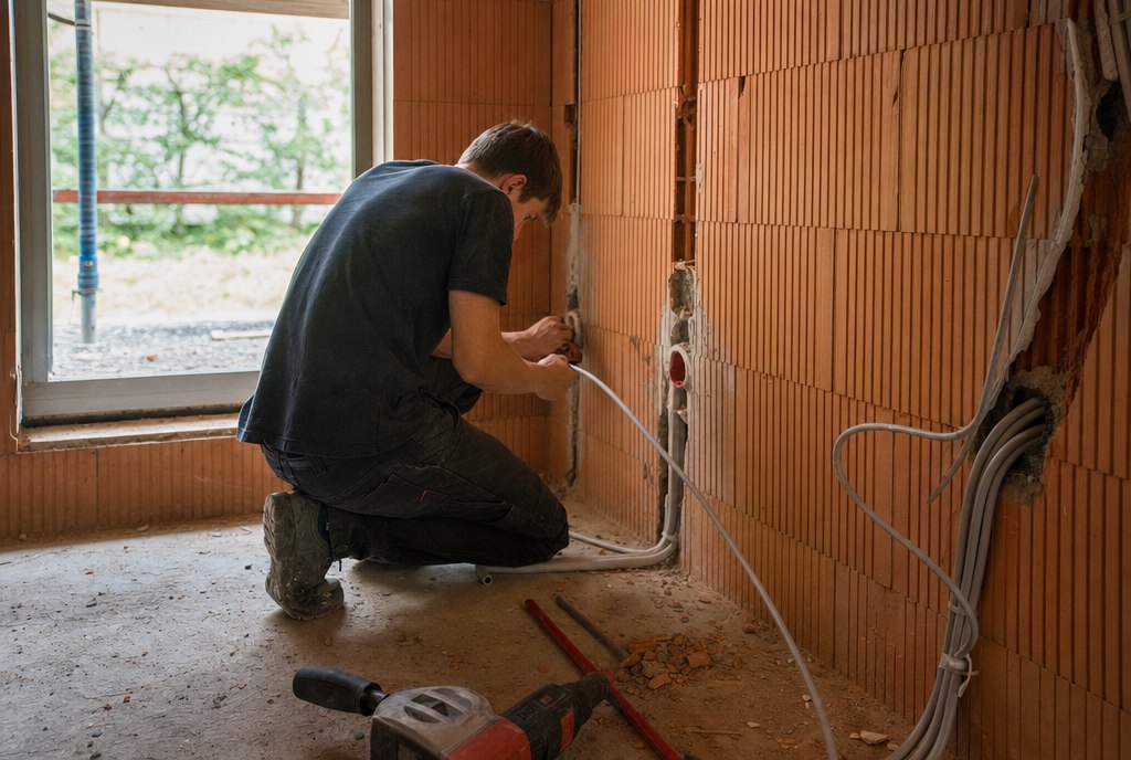 Elektroniker bei der Installation auf der Baustelle
