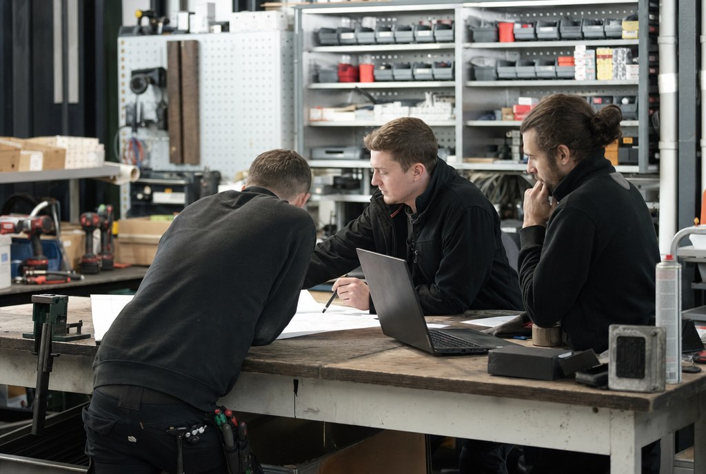 Das CR-Team bei der Projektbesprechung in der Werkstatt